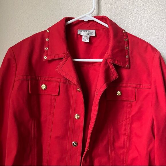 St. John Sport by Marie Gray Red Retro Minimalist Studded 90s Denim Jacket Small - Picture 5 of 9